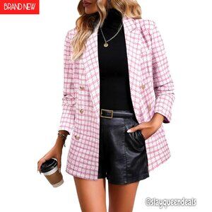 Tweed Plaid Blazer Double Breasted Open Front Work Office Casual